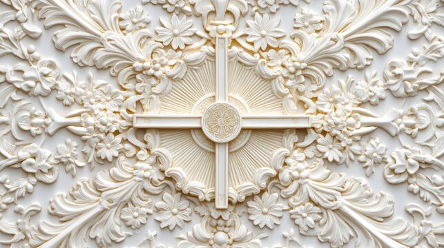Ornate floral plasterwork with intricate patterns, central cross, and flowing symmetrical design elements