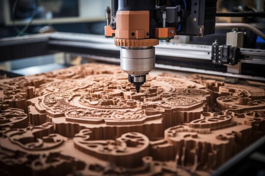 Modern cnc router engraving a wooden board, creating a detailed 3d relief map