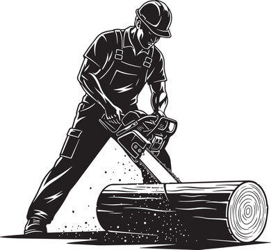 Professional lumberjack using chainsaw to cut wood log, black and white vector illustration of a forestry worker, woodcutter in safety gear and hard hat