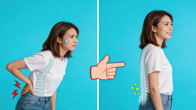 Young Asian woman showing bad versus good posture with spine diagram on blue background before and after correction concept side view comparison of body alignment and back pain