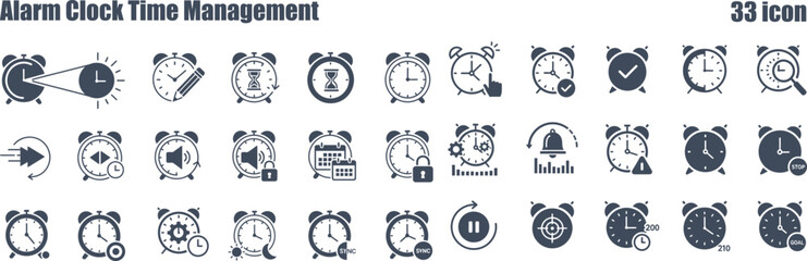 Fototapeta premium Diverse alarm clock icon set illustrating time organization, scheduling, and efficient management tasks