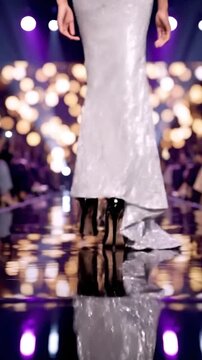 A model walks down a reflective runway wearing a shimmering silver evening gown during a professional fashion show event