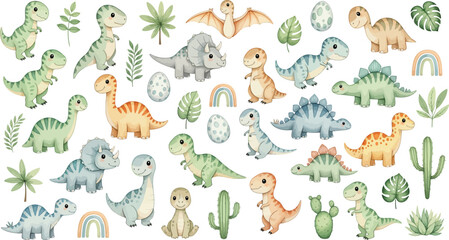 Obraz premium Colorful illustration of various dinosaurs and plants on a white background for kids and educational purposes