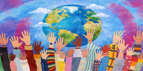 Hand painted watercolor illustration of people holding a globe to represent a concept of global ecology and world peace © AbidurRahman