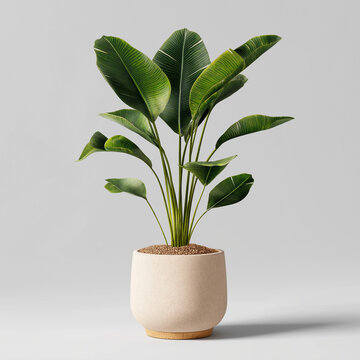 A potted bird of paradise plant with large green leaves stands on a neutral background
