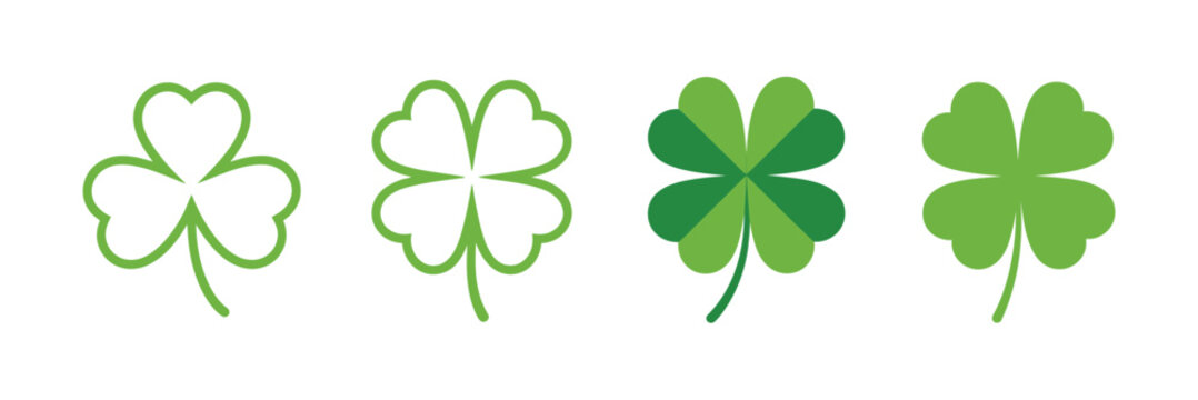 Four-leaf clover icon set, outline and flat styles, lucky shamrock symbols in green, Irish plant illustration for St. Patrick&rsquo;s Day, decoration, stickers, and design projects, professional vector illu