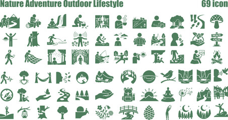 Obraz premium Large collection of glyph icons representing nature, outdoor activities, camping, hiking, and natural exploration elements
