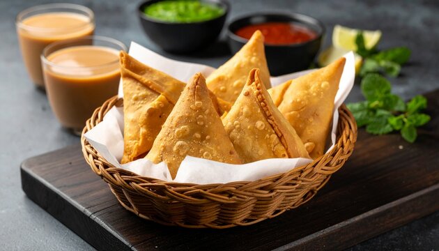 Crispy vegetable samosas served with spicy dipping chutney