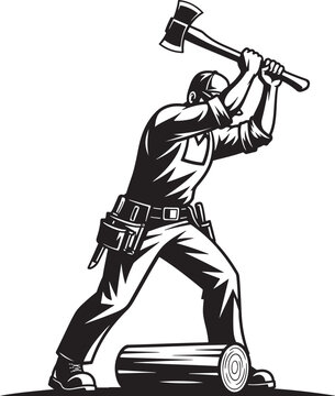 Vintage lumberjack woodcutter swinging axe, retro woodchopper splitting log vector illustration, black and white manual labor worker mascot