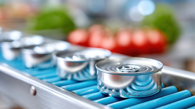 Canned tuna on a conveyor belt in a production line for food industry packaging and processing background for manufacturing and quality control