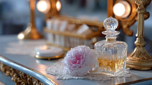 Vintage glass perfume decanter on gilded vanity with pink flower and glowing bulbs for elegant boudoir background and beauty product shot