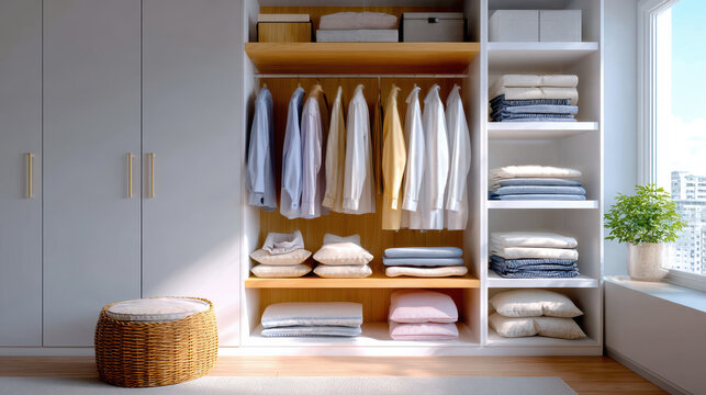 Spacious built in wardrobe with organized hanging shirts shelves wicker stool and natural light for interior design background