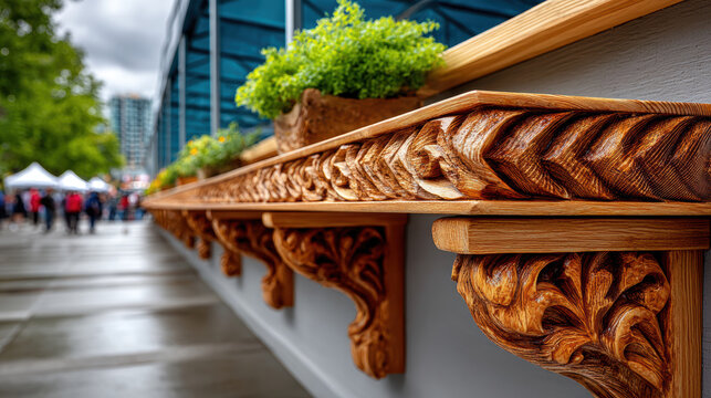Detailed wooden corbel shelf trim with carved leaf pattern at a traditional market stall for display background and product banner