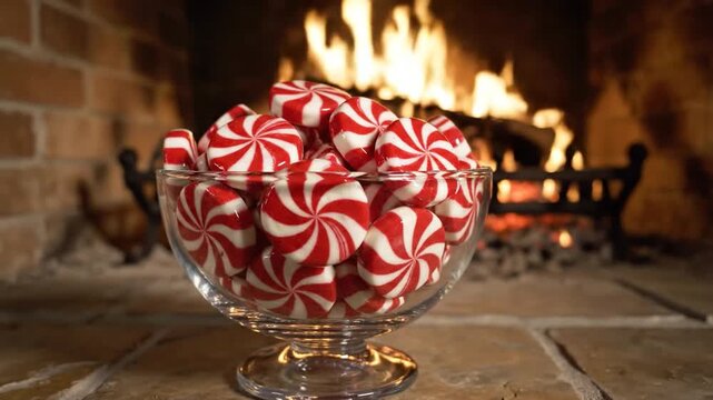 A Glass Bowl Filled with Vibrant Red and White Swirled Peppermint Candies in Front of a Warm Fireplace
