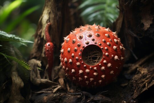 Close up of hydnora africana, a parasitic plant with a unique spiky texture, thriving in its natural rainforest habitat
