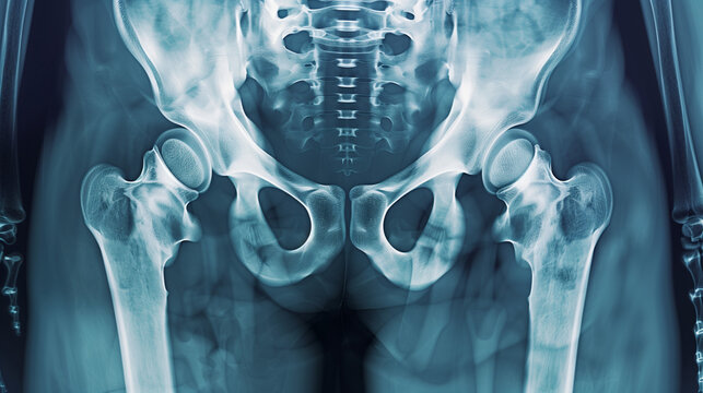X-Rayed hip. X Rayed human hip with implants 