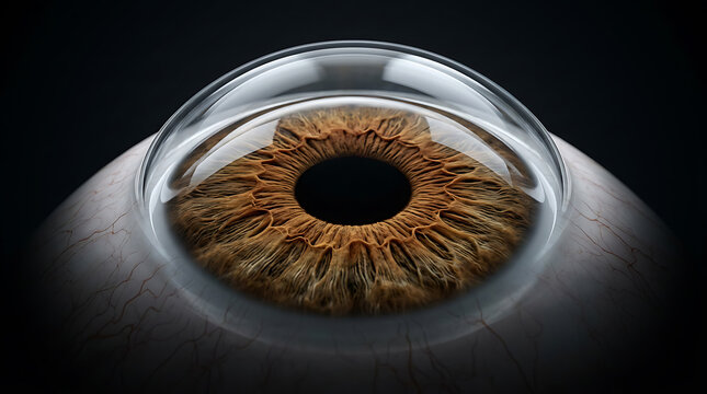 Detailed human eye with brown iris and pupil covered by a clear transparent lens, symbolizing vision, technology, and medical science.