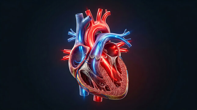 Vibrant 3D human heart anatomy illustration with glowing arteries and veins, showing internal structure on a dark background.