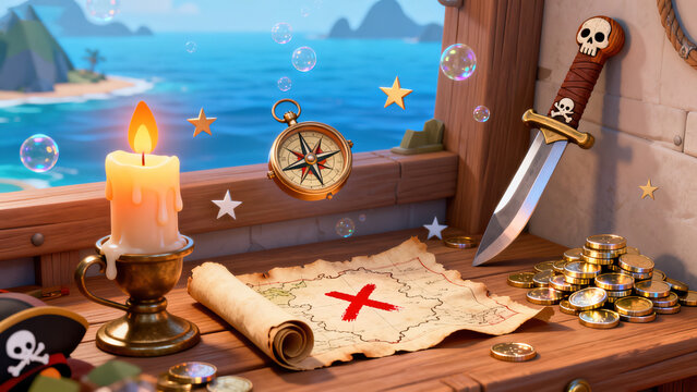 3D Cartoon-Style Pirate Treasure Tropical Island