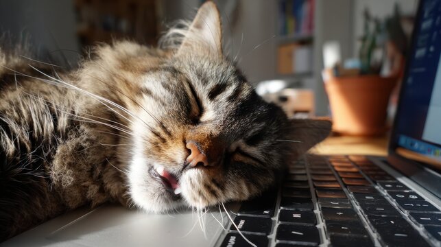 Relaxed tabby cat sleeping on laptop keyboard in cozy home setting