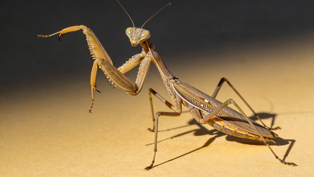 Brown Praying Mantis Insect Closeup View.