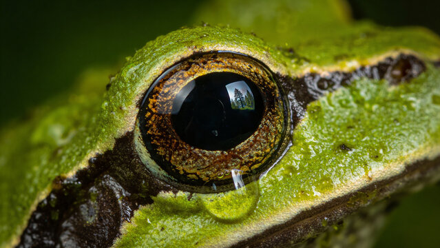Close up of green frog eye.