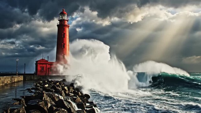 Red lighthouse with stormy sea.