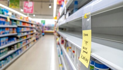 Fototapeta premium Empty shelves in a store aisle, focus on a yellow price tag