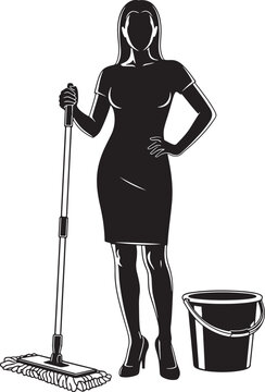 Professional cleaning lady silhouette with mop and bucket, female janitor service icon, housekeeping woman vector illustration on white background