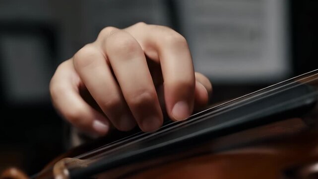 Close up fingers pressing violin strings with subtle vibrato changing pitch during rehearsal. Detailed view of technique and expressive control in classical performance. Music precision concept