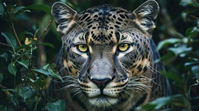 Close view intense wild leopard predator staring through green leaves, majestic spotted feline observing surroundings within jungle, powerful big cat hunting. Peace of nature and wildlife beauty