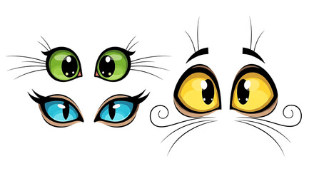 Fototapeta premium A collection of colorful cat eyes with whiskers isolated on a white background
