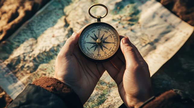 18.Top-down view of a compass resting in a person&acirc;&euro;&trade;s palms above a folded map, soft shadows and textured paper conveying exploration and problem-solving direction.