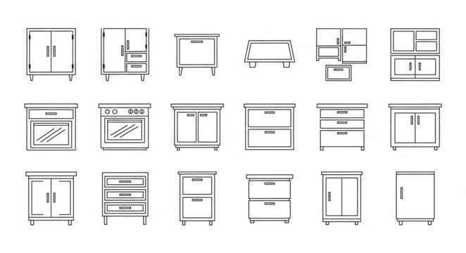 Collection of Kitchen Cabinet Designs in Sketch Style.