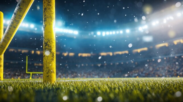 28.Concept = American football arena with yellow goal post, grass field and blurred fans at playground view. 3D render. Flashlights. Concept of outdoor sport, football, championship, match, game space