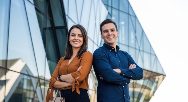 Two professionals posing confidently in front of modern architectural structure