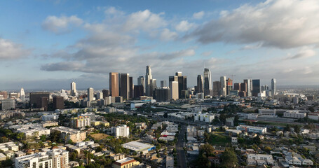Fototapeta premium Los Angeles downtown business district architecture. Los Angeles cityscape modern towers buildings. Los Angeles aerial panorama urban California. Los Angeles financial center skyscrapers.