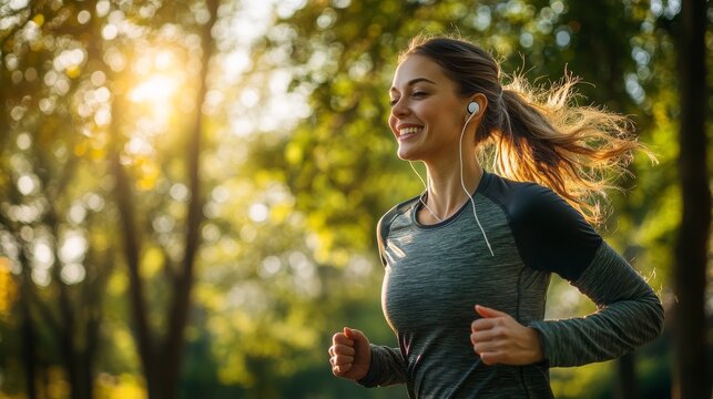 47.Energetic woman in athletic wear jogging through a sunlit park, wireless earphones on, relaxed smile, soft green background of trees and morning light filtering through leaves.