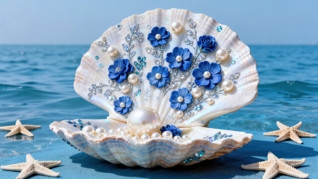 Scallop Shell Decoration Inlaid with Pearls and Blue Flowers
