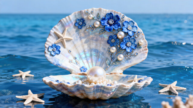 Scallop Shell Decoration Inlaid with Pearls and Blue Flowers