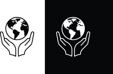 Two hands holding a globe depicted in black on white and white on black variations © Firoj