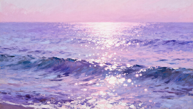 Impressionist Oil Painting of Sea Waves in Pink-Purple Tones