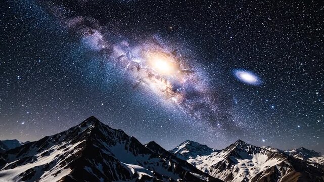 Galaxy over snowy mountains.