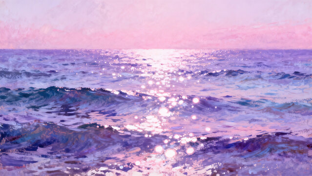 Impressionist Oil Painting of Sea Waves in Pink-Purple Tones