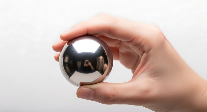 A human hand is holding a shiny polished silver metal sphere isolated background