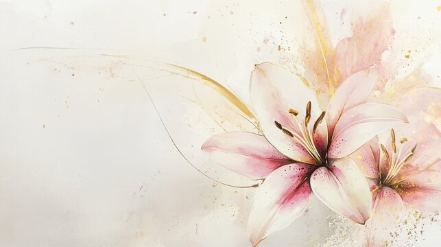97.Minimalist botanical artwork with stylized lilies, blended pink and white watercolor textures, fine golden detailing, modern abstract arrangement evoking calm elegance.