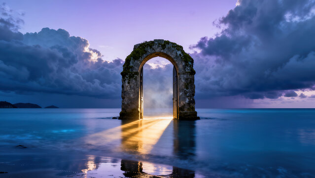 Mysterious Stone Arch and Light in Sea at Dusk