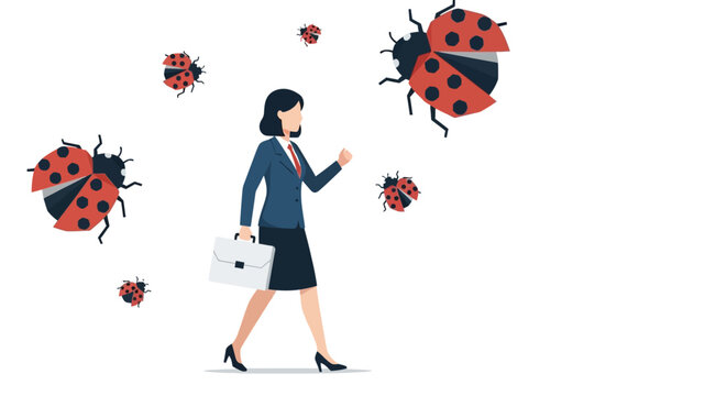 Businesswoman walking with briefcase surrounded by ladybugs representing software bug tracking and debugging concept