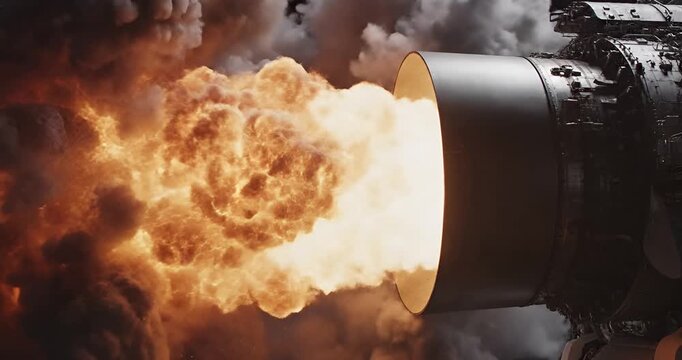 Massive powerful explosion and fire burst from jet engine test in dramatic atmosphere
