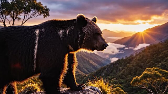A large wild bear stands on a rocky mountain cliff during a vibrant golden sunset